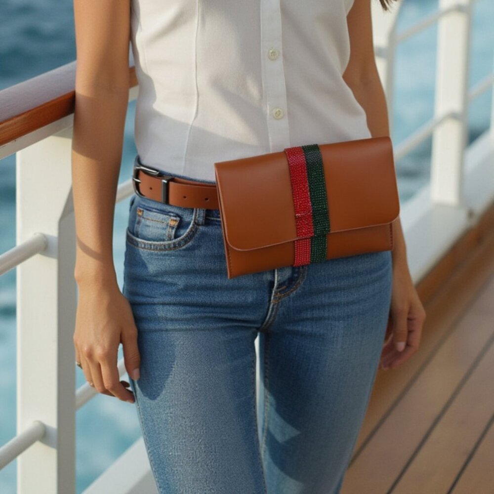 Women Brown Belt + Bag Wallet Fashion Accessory Day Night Look Travel Size S M - Picture 10 of 10